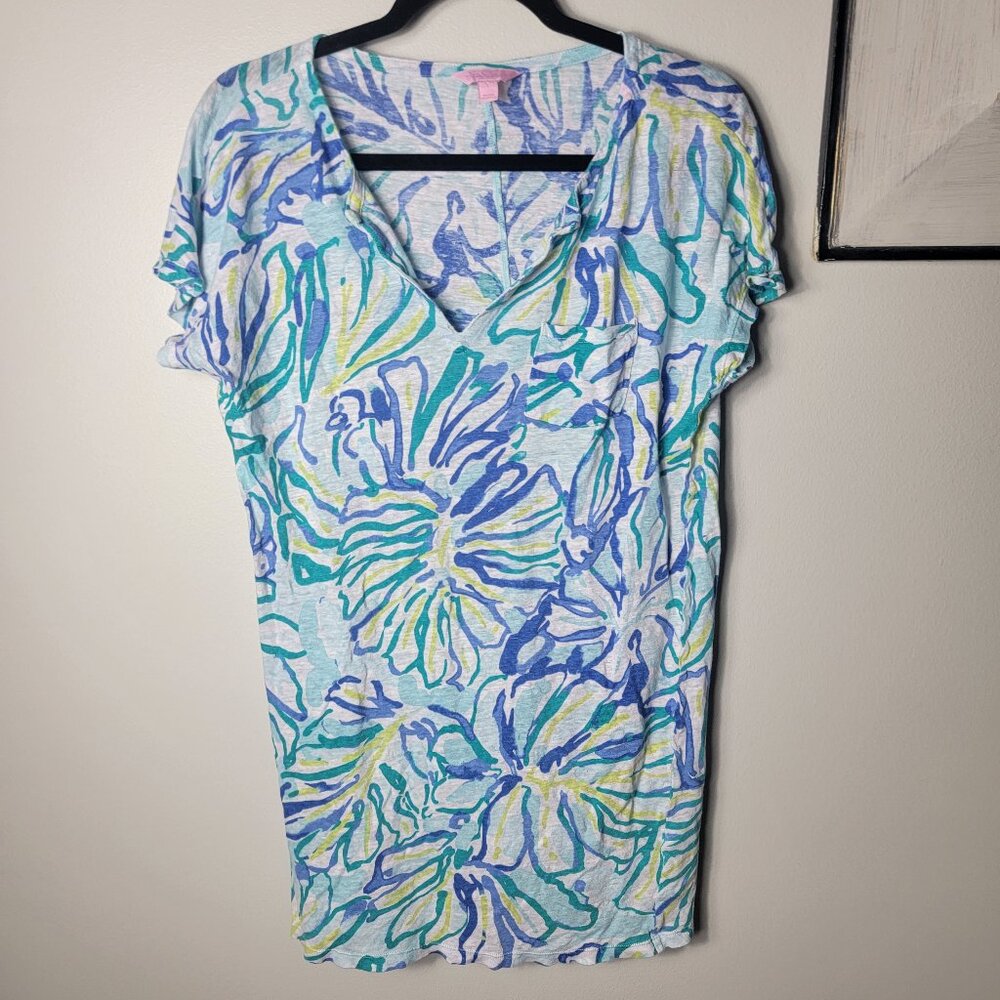Lilly Pulitzer Duval Linen T Shirt Dress Blue Green Tropical Print Size L Preppy - Picture 3 of 11